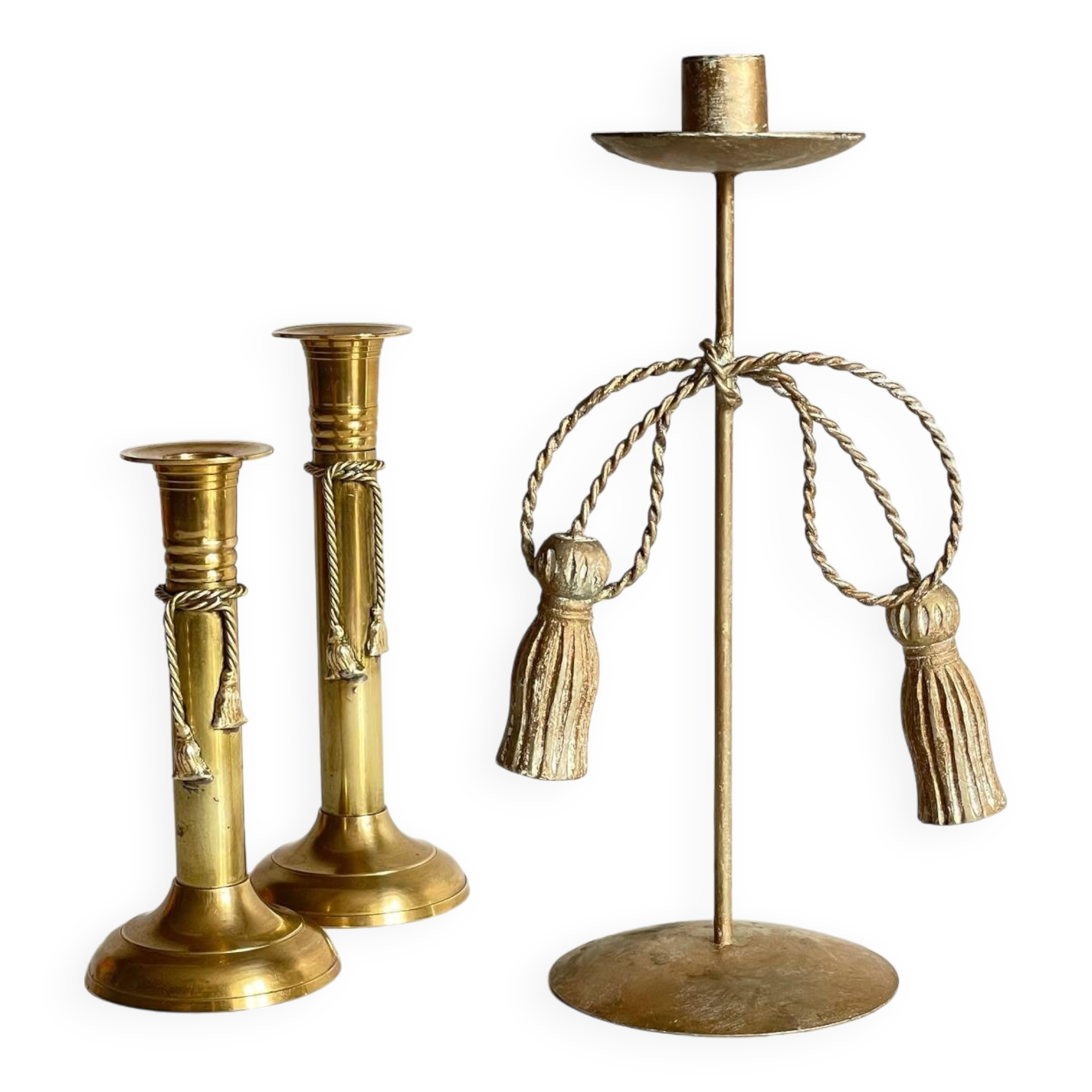 Trio of vintage knotted candlesticks brass