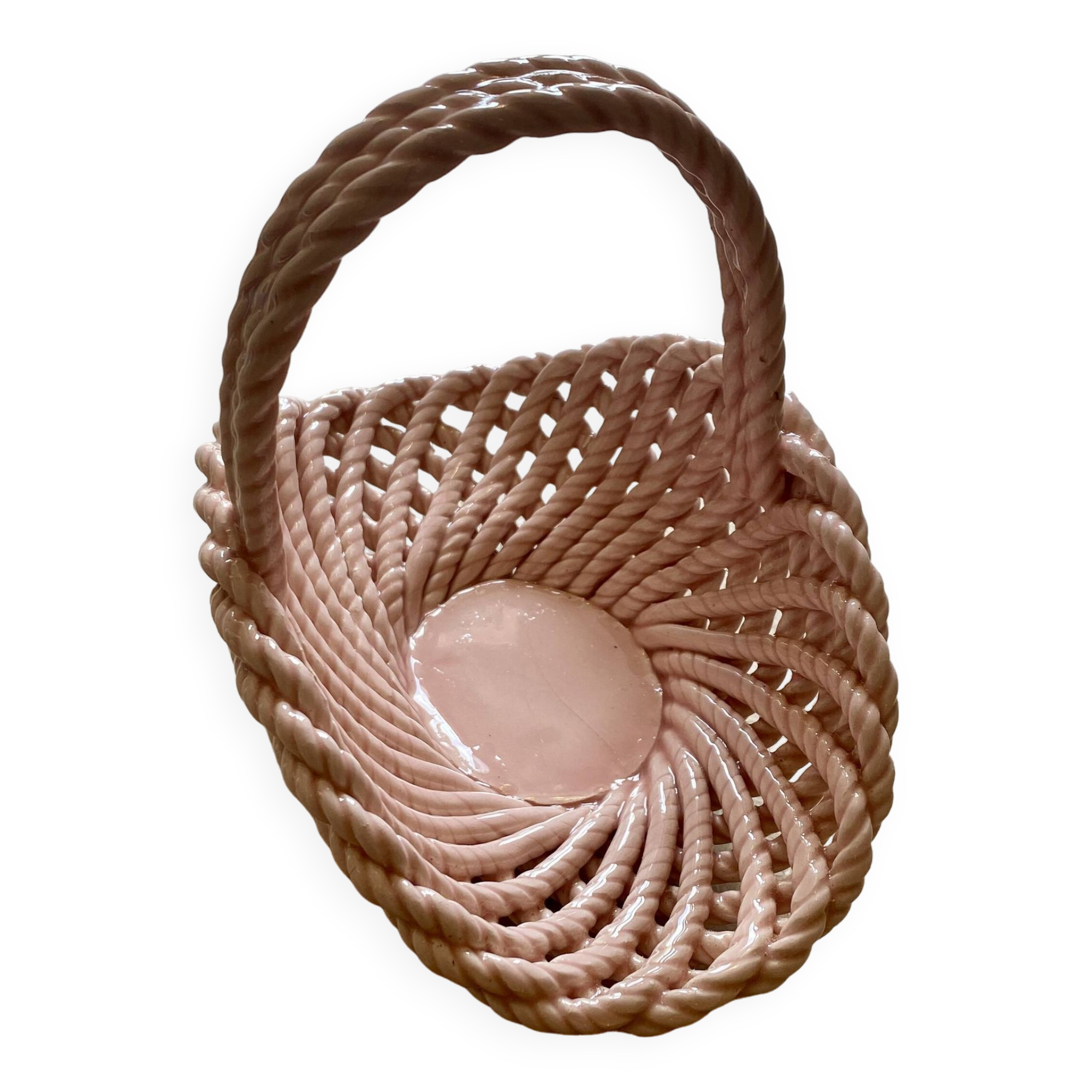 Vintage pink woven ceramic basket