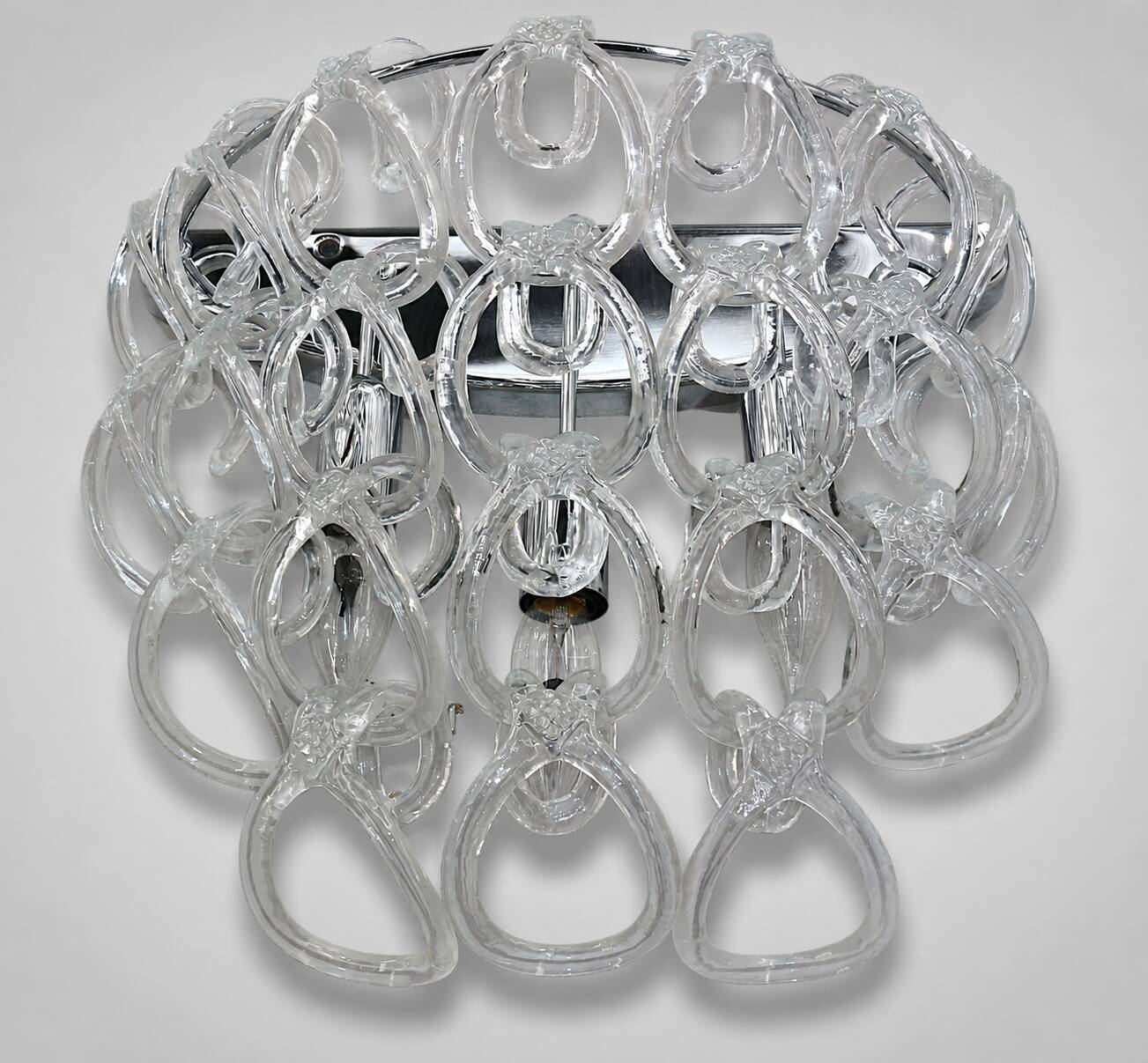 Pair of Art Deco Half-Moon Wall Lights/Hot Water Bottles in Glass & Metal Links