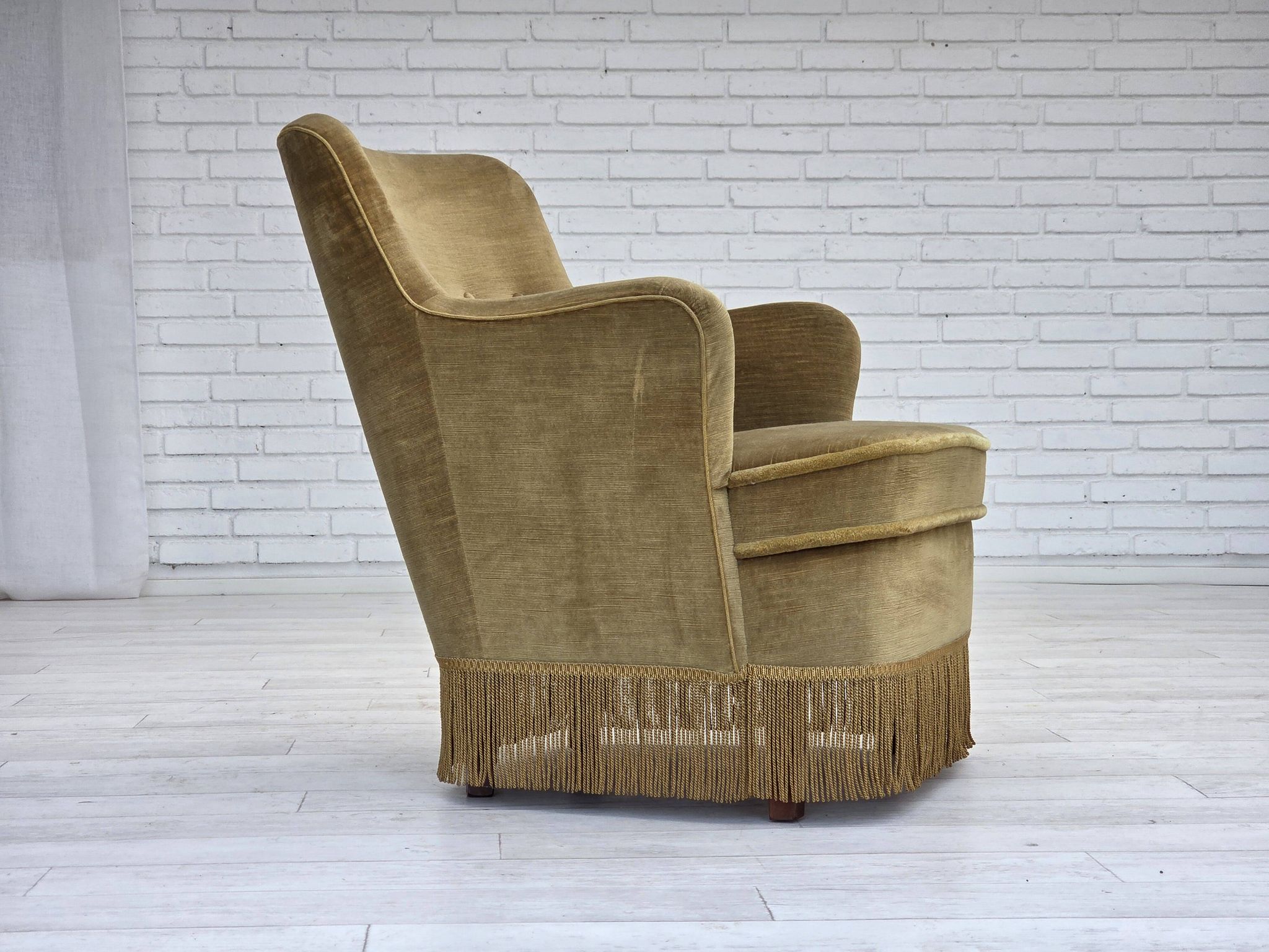 1970s, Danish lounge chair, light green furniture velour, beech wood.