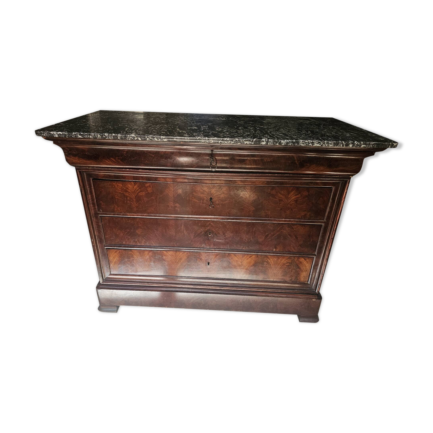 Louis-Philippe mahogany commode with flame finish – 4 drawers – Marble top
