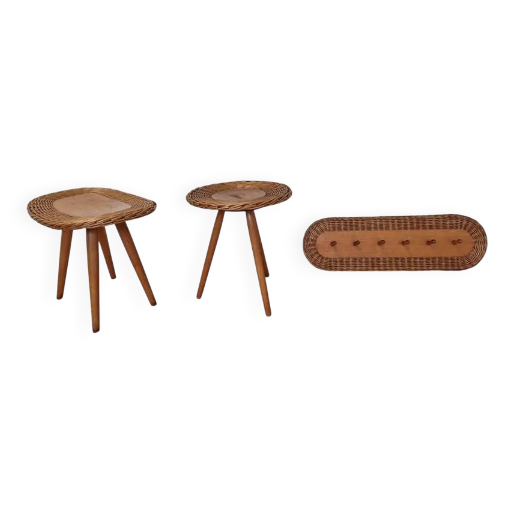 Set of Rattan and Wood Stools with Wall Coat Rack ULUV, Jan Kalous, 1960s