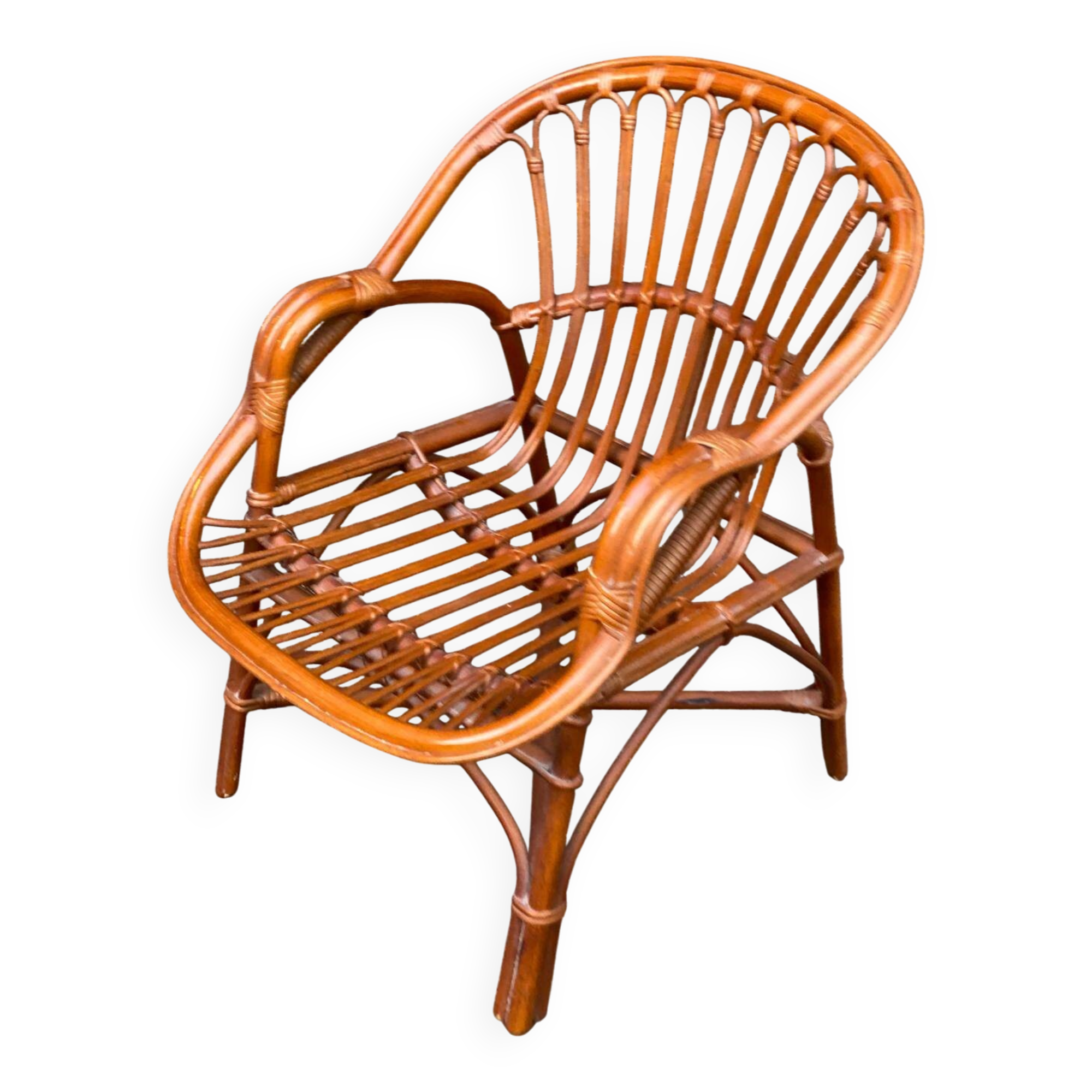 Adult rattan and wicker armchair, 1975, with beige cushion