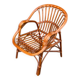 Adult rattan and wicker armchair, 1975, with beige cushion