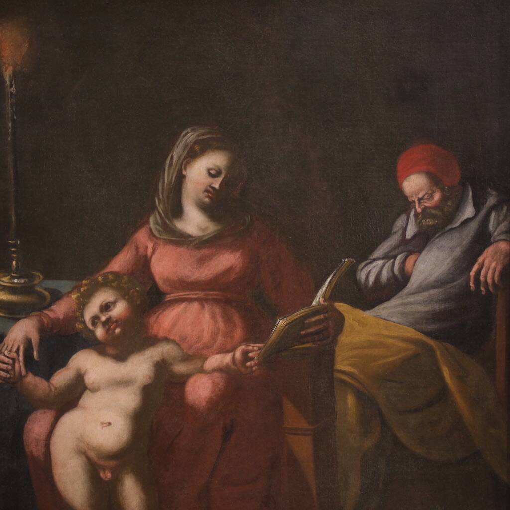 Peinture italienne antique du 17ème siècle, Sainte Famille.