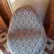 1970s vintage armchair in multicoloured patterned fabric, rounded silhouette