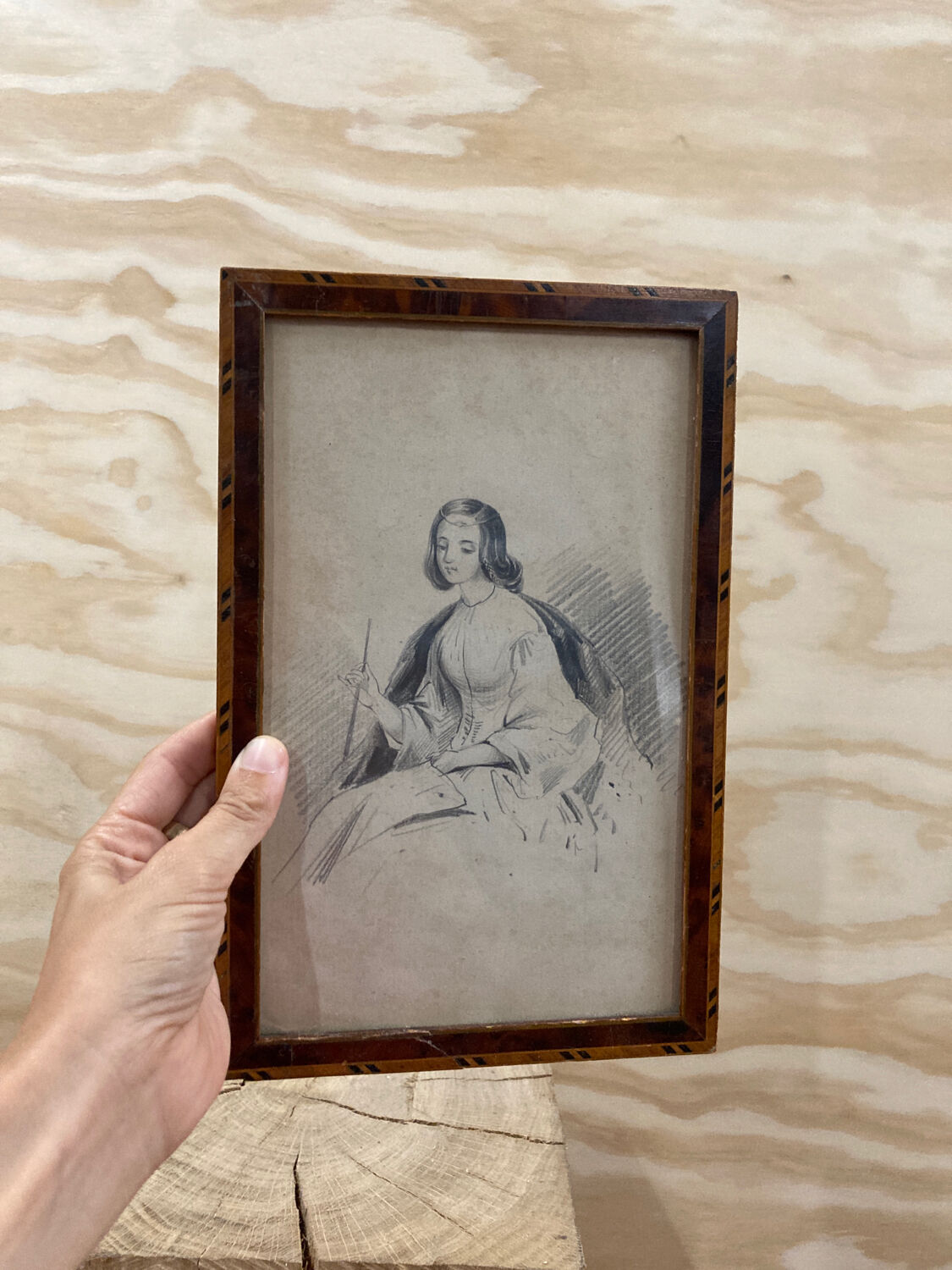 Portrait 19th young woman romantic marquetry frame