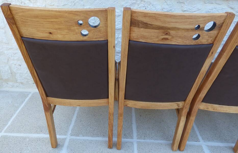 6 High-back chairs in high-quality, plush solid wood with brown faux leather
