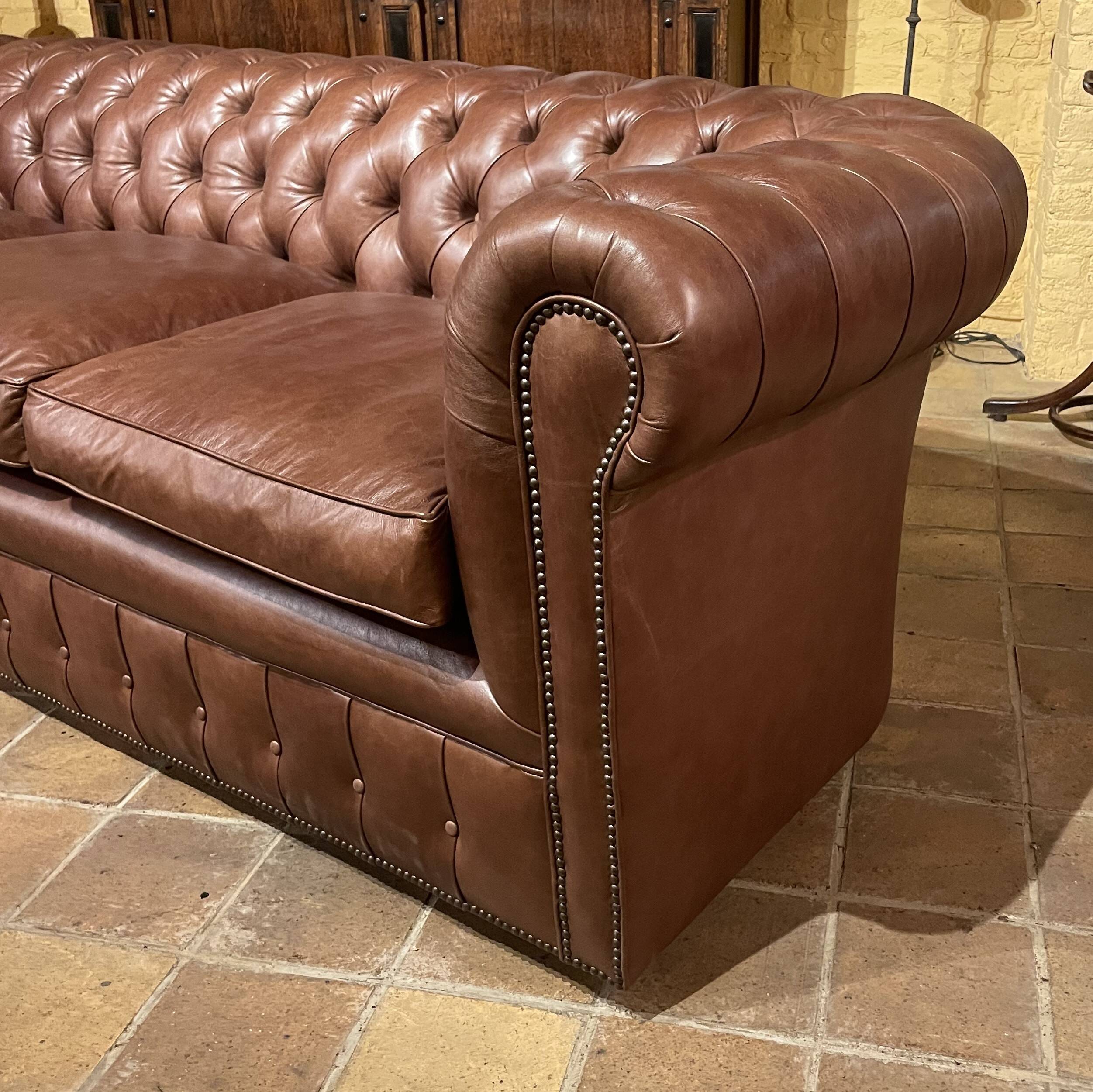 brown leather 3-seater Chesterfield sofa