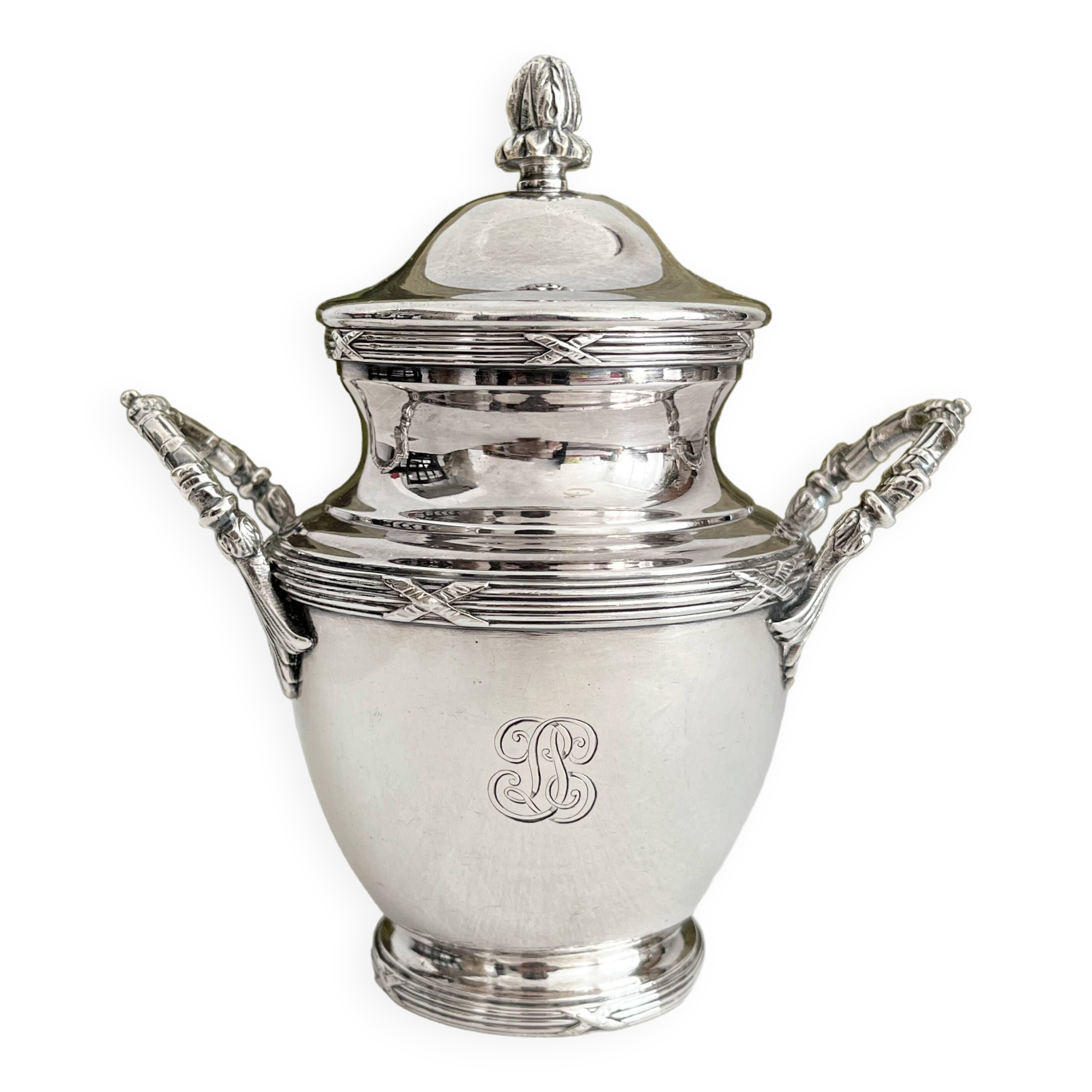Antique monogrammed silver-plated metal sugar bowl