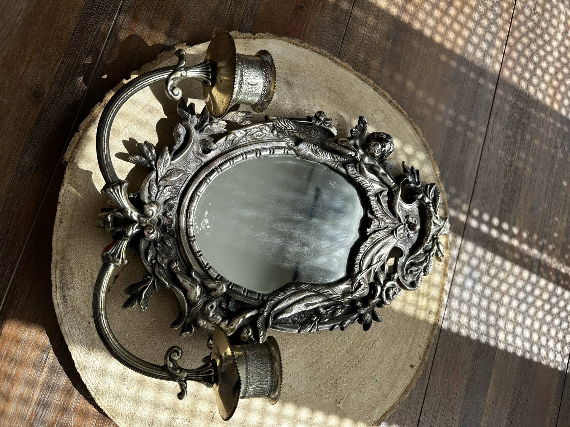 Rare pair of mirror sconces with putti. Napoleon III / Art Nouveau ~