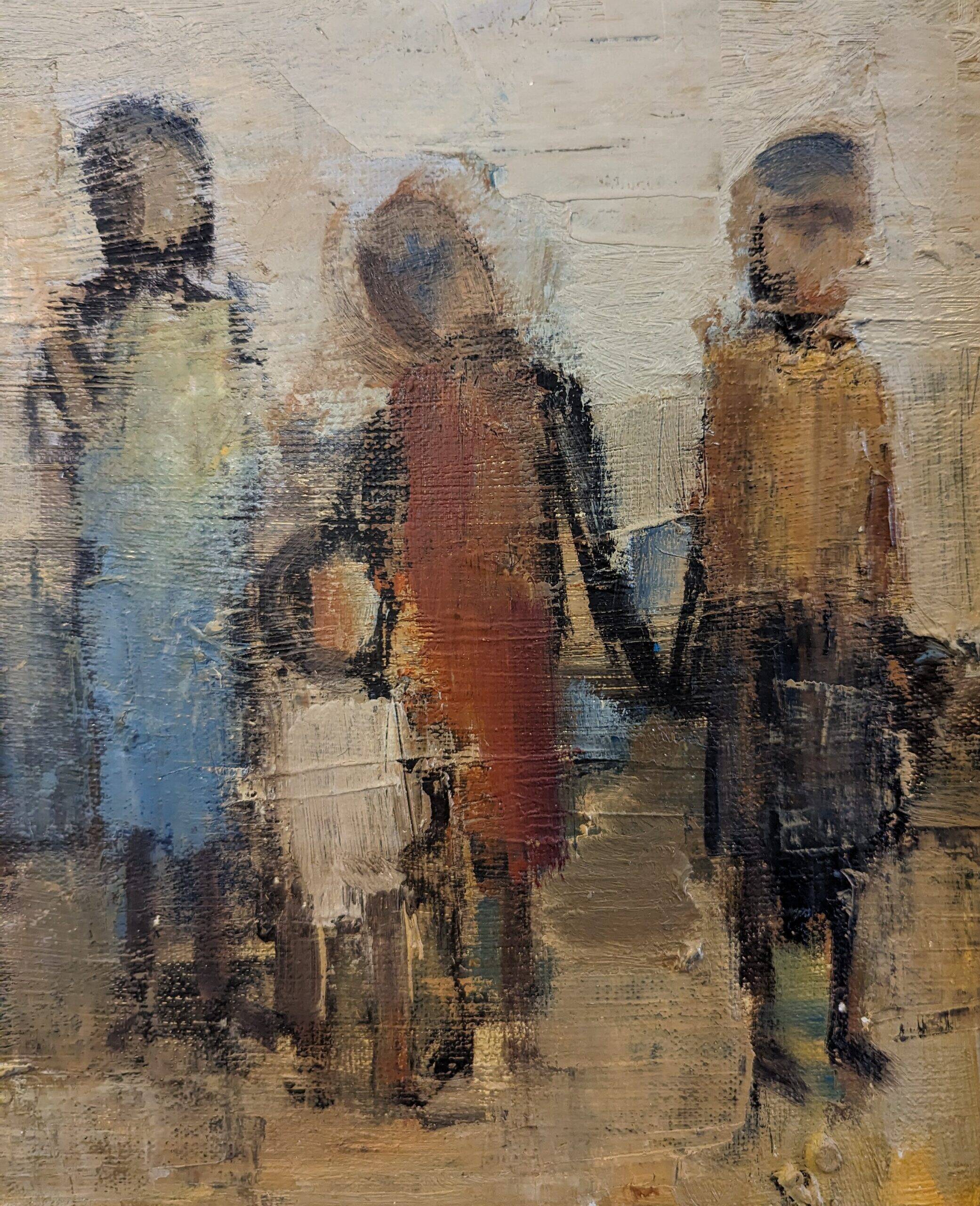 Mid-Century Modern Swedish "Assemble", Vintage Figurative Oil Painting, Framed