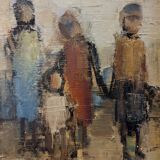 Mid-Century Modern Swedish "Assemble", Vintage Figurative Oil Painting, Framed