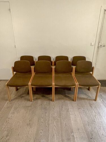 Set de 8 chaises Lübke en bois clair et tissus marron, 1980
