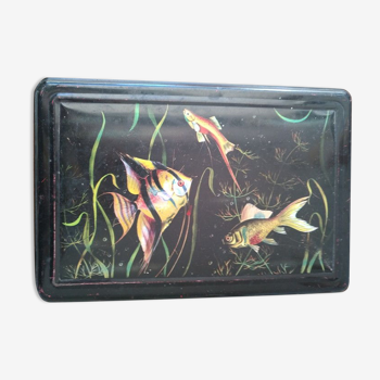 Boîte en métal vintage art déco noir décor poissons