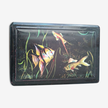 Old vintage metal box art deco black fish decoration