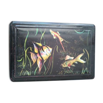 Old vintage metal box art deco black fish decoration