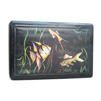 Boîte en métal vintage art déco noir décor poissons