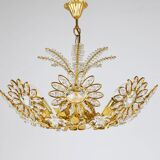 Ernst Palme Grand Chandelier Palm Tree Flower Palwa, Gilded Brass, Crystals, 1970s