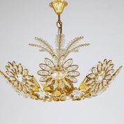 Ernst Palme Grand Chandelier Palm Tree Flower Palwa, Gilded Brass, Crystals, 1970s