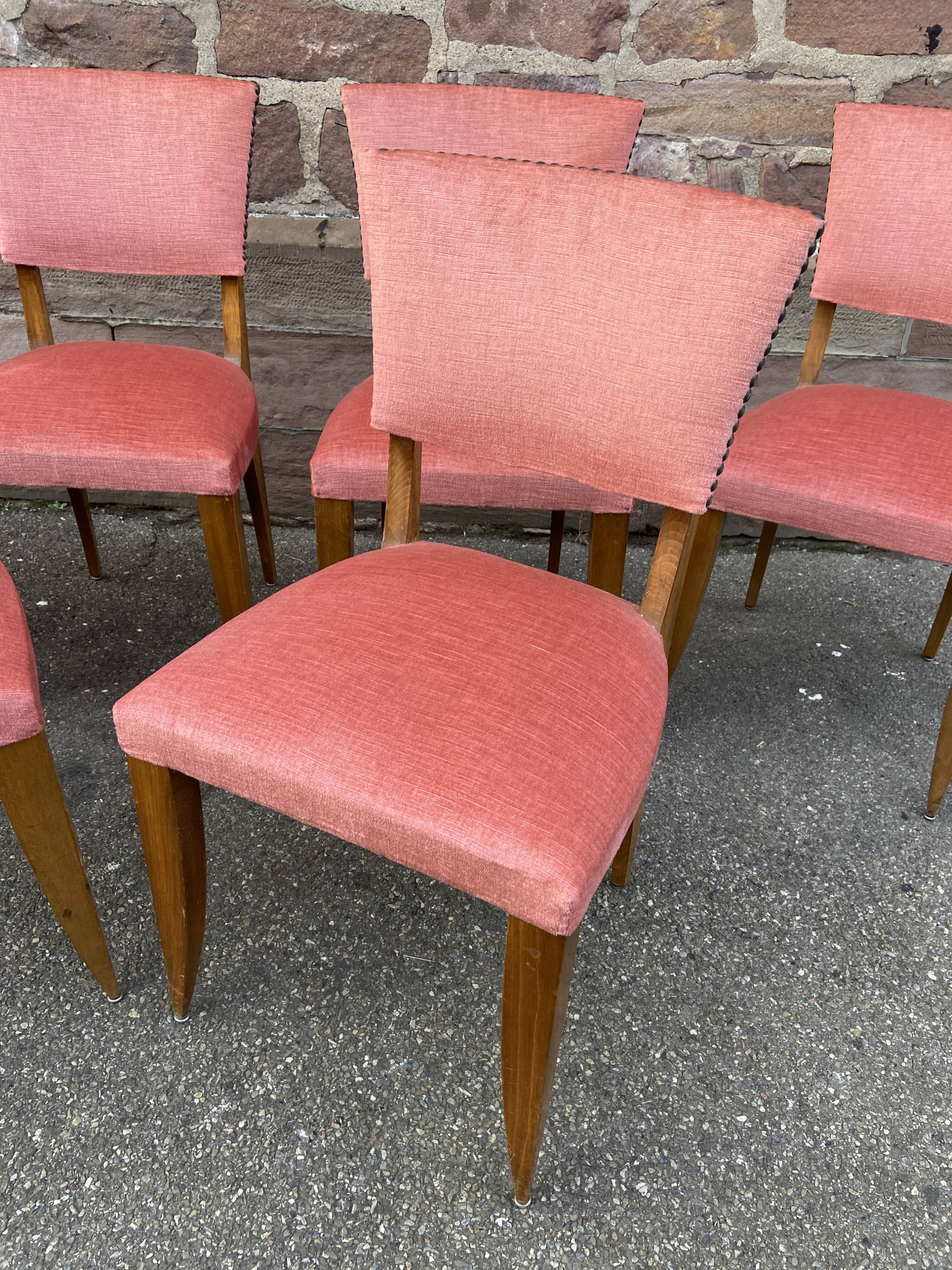 Suite of 6 art deco chairs 1950 walnut & pink velvet