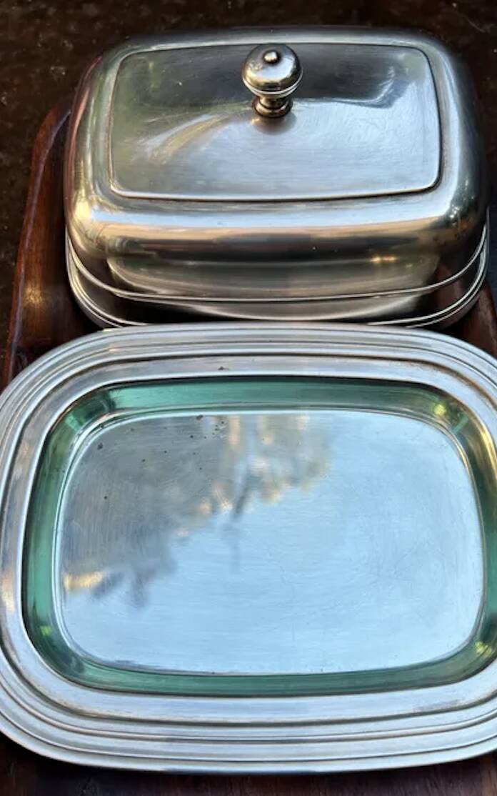 Christofle butter dish model Albi, Complete (3 pieces), Silver-plated Metal and Glass