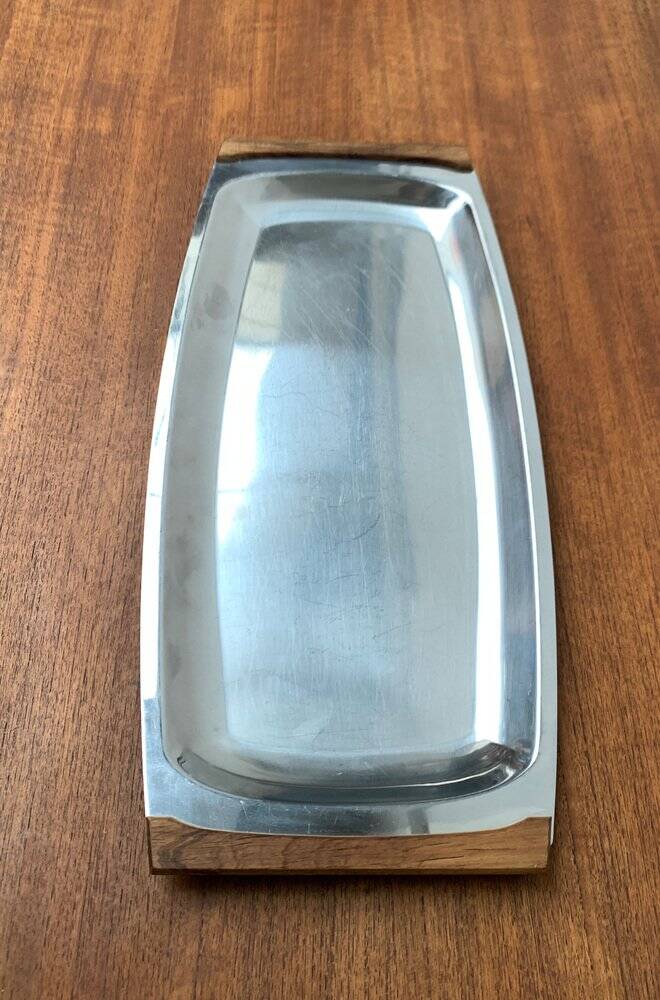 Danish stainless steel and teak plateau from the mid-century of Lundtofte, Denmark, 1960s.