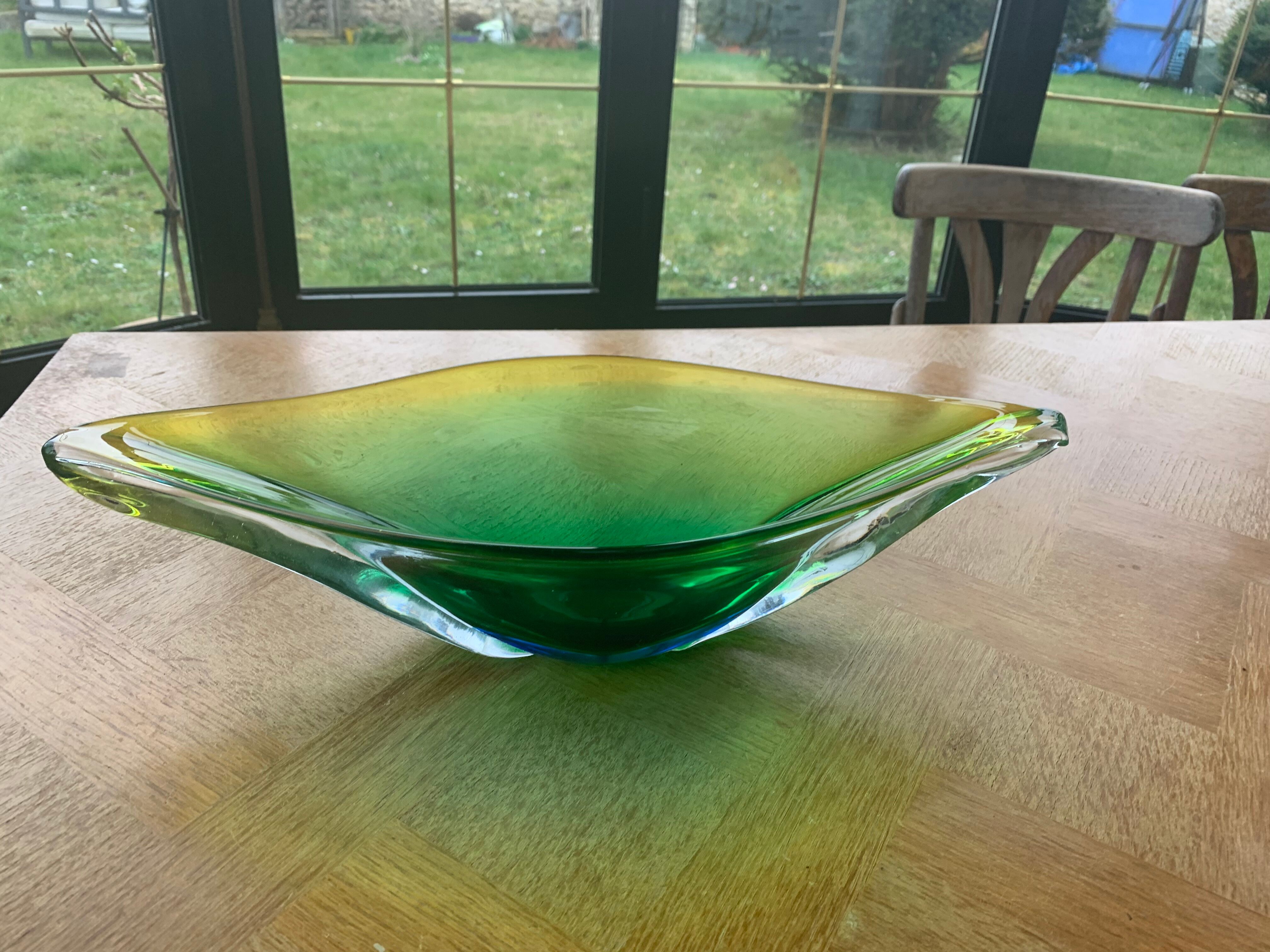 Glass fruit cup in the shape of a vintage yellow green vegetable leaf