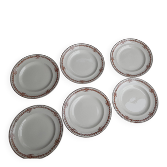 Set of 6 vintage flat plates, 23 cm, Longwy brand, Mireille pattern.