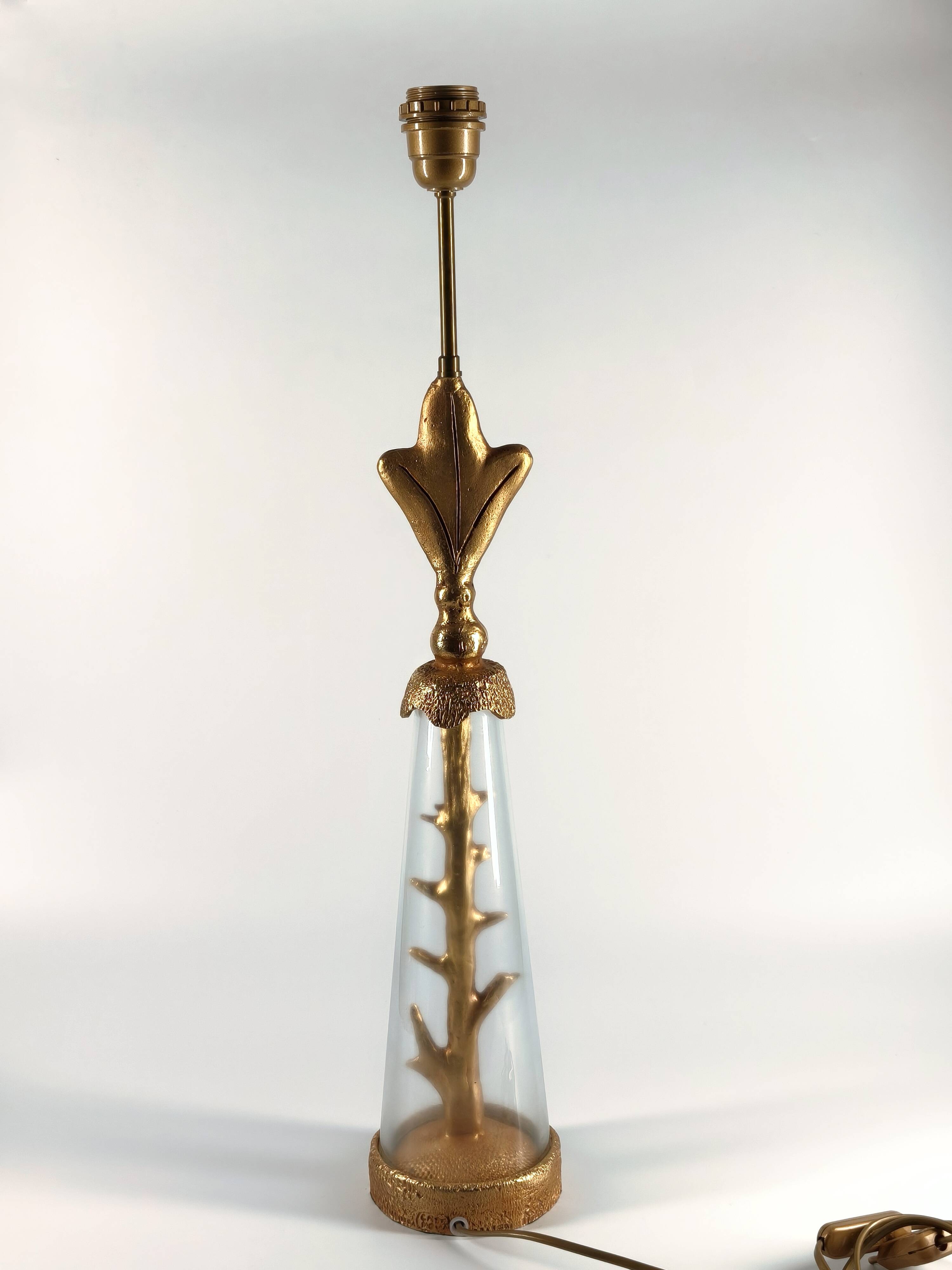 Vintage lamp base signed Pierre Casenove, gilded bronze, glass, 1970s.