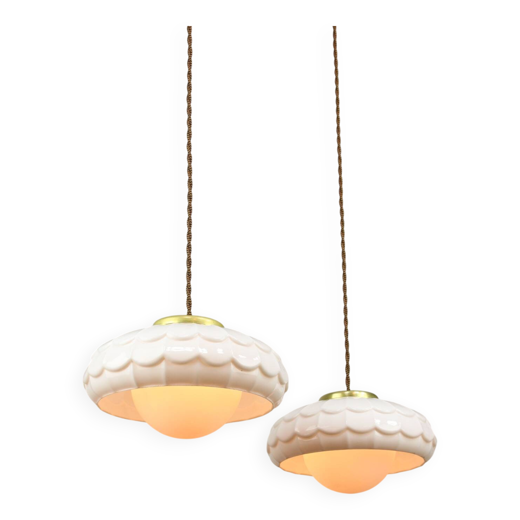 Mid-Century Italian Ceramic & Brass Pendant Lamps, Set of 2