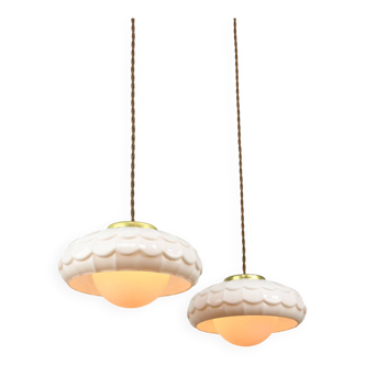 Mid-Century Italian Ceramic & Brass Pendant Lamps, Set of 2