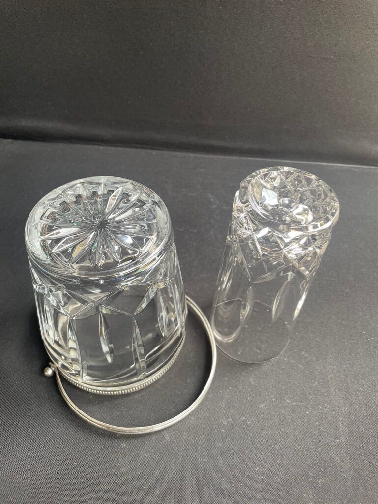 Ice bucket with spoon and glass – cut crystal and silver metal