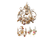 Lampe de plafond en tole faite à la main et 3 appliques murales avec des roses en porcelaine style shabby.