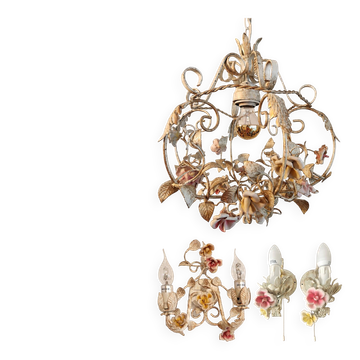 Handmade Toleware Ceiling Lamp and 3 Wall Lamps with Porcelain Roses Shabby