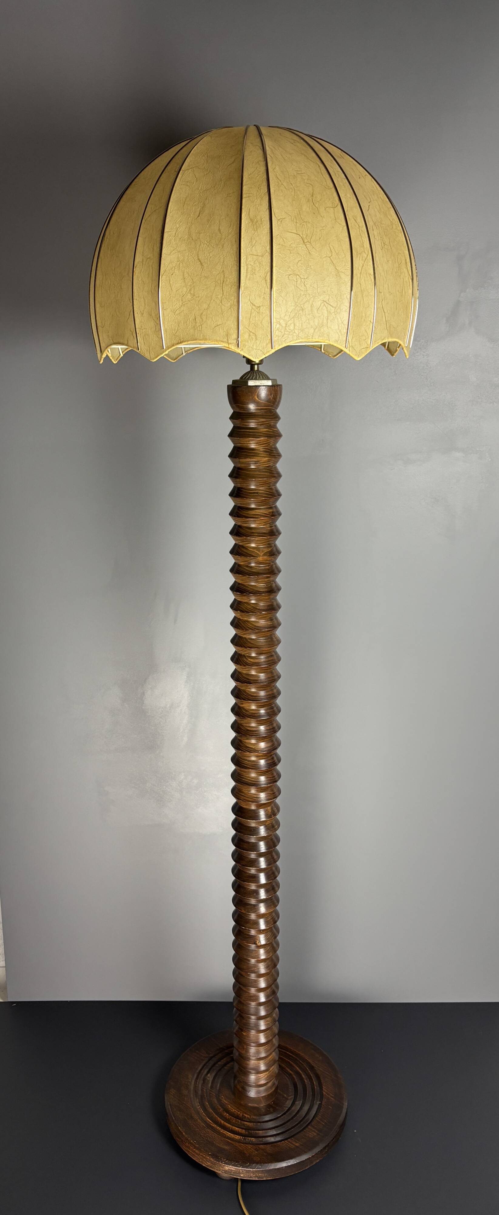Brutalist midcentury wood turned cocoon floor lamp