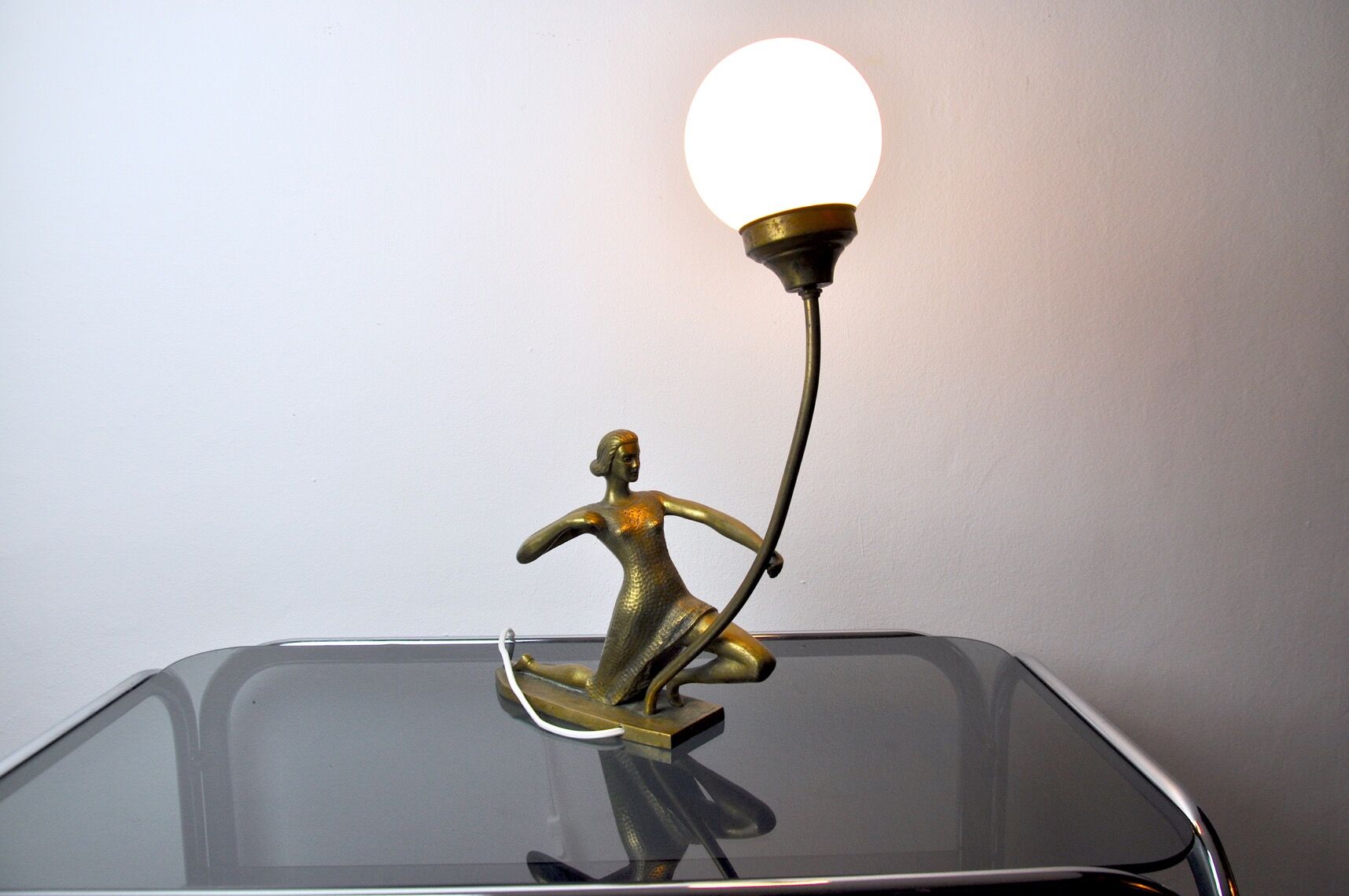 "Woman with the Bow" lamp, Laiton and Opaline, France, midcentury
