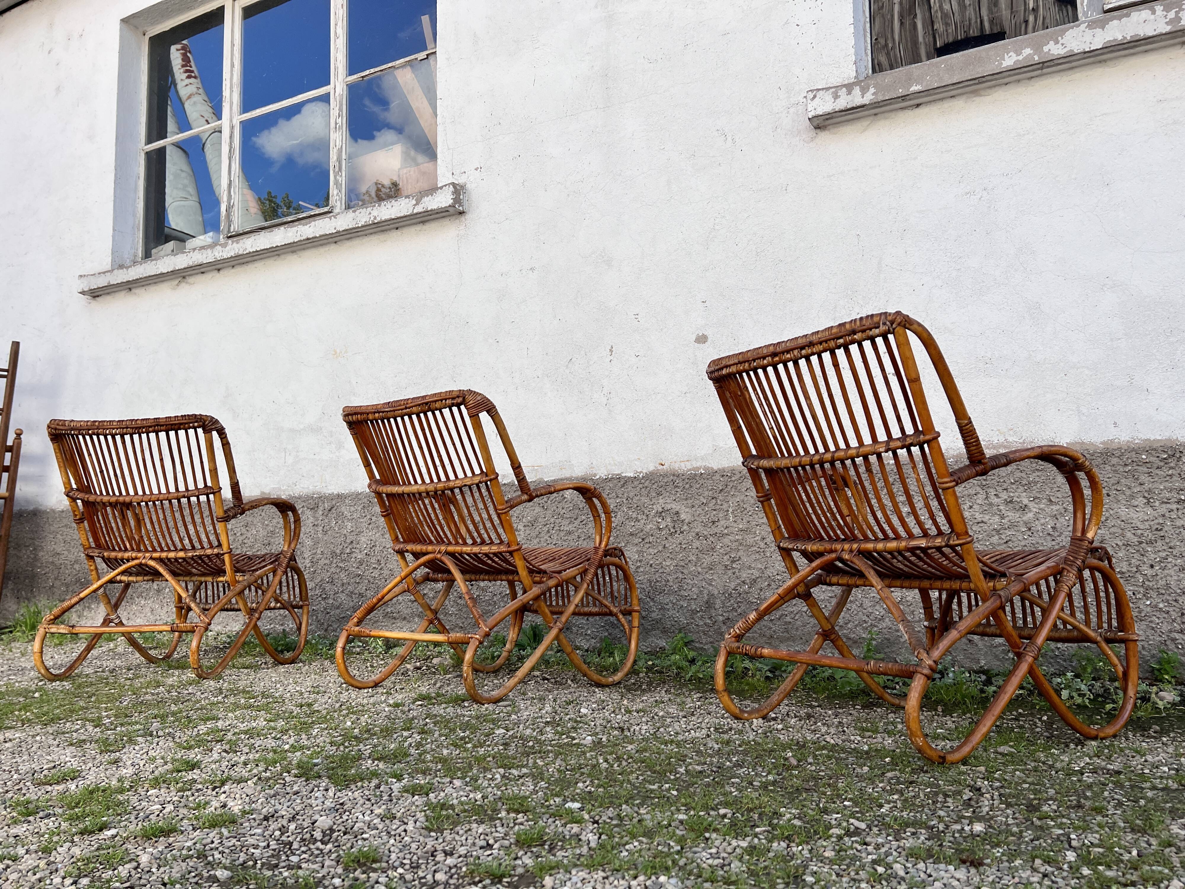 Trio de 3 fauteuils chaises rotin bambou vintage 1950