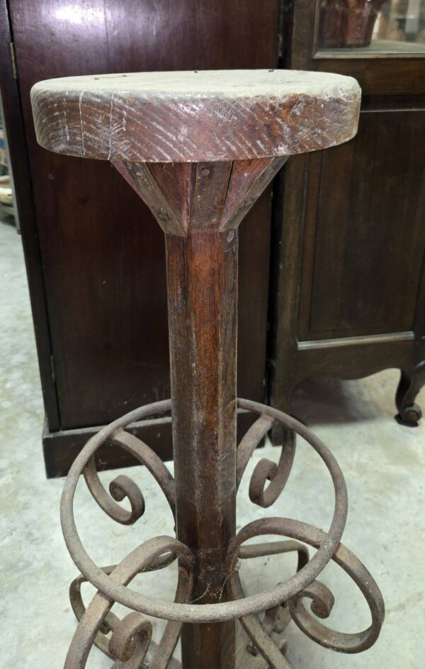 Tabouret d’atelier ancien bois et fer forgé – H 82 cm