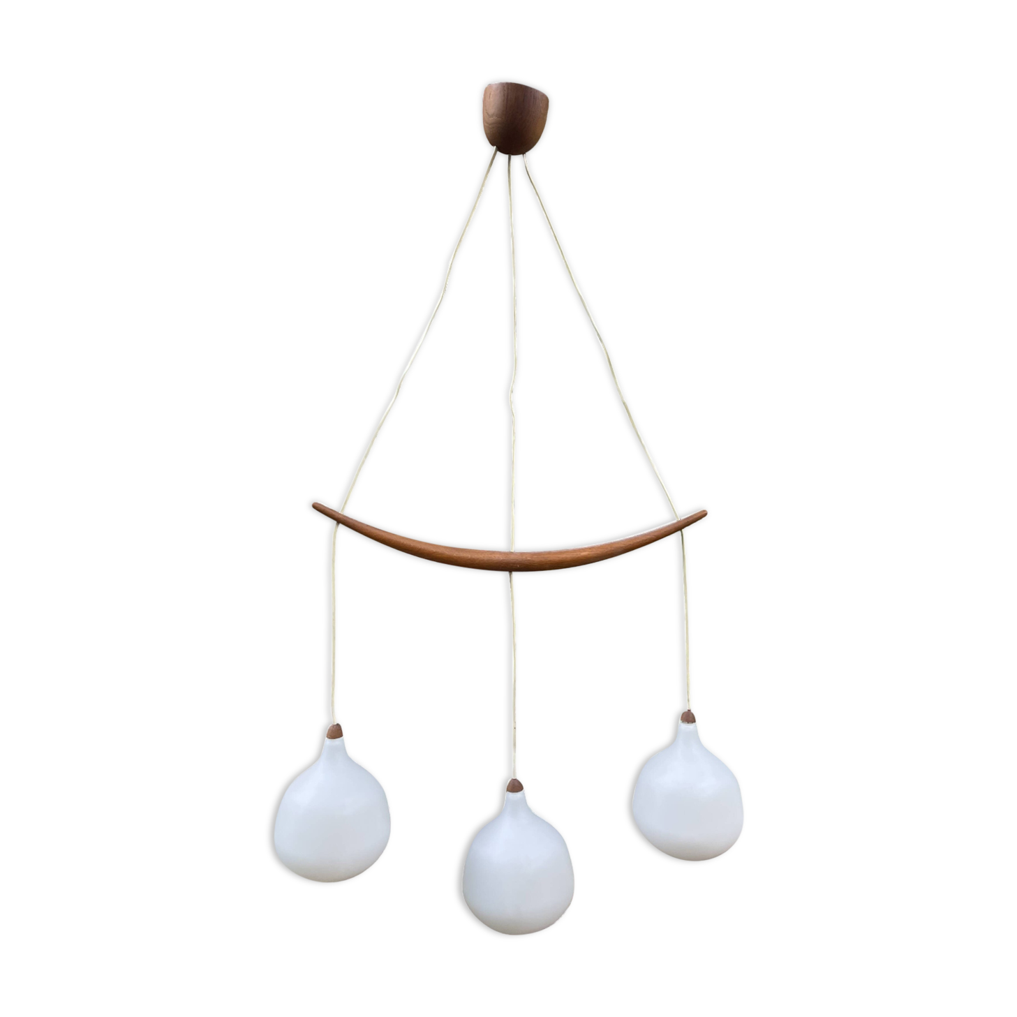 Scandinavian triple pendant light in Opaline and oak by Uno & Östen Kristiansson.
