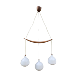Scandinavian triple pendant light in Opaline and oak by Uno & Östen Kristiansson.