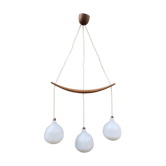Scandinavian triple pendant light in Opaline and oak by Uno & Östen Kristiansson.