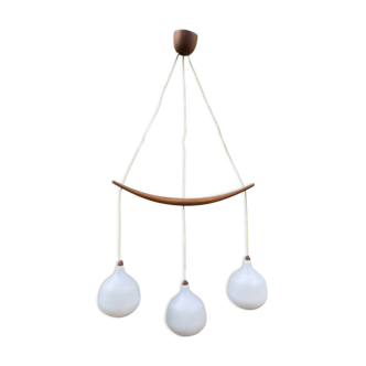 Scandinavian triple pendant light in Opaline and oak by Uno & Östen Kristiansson.