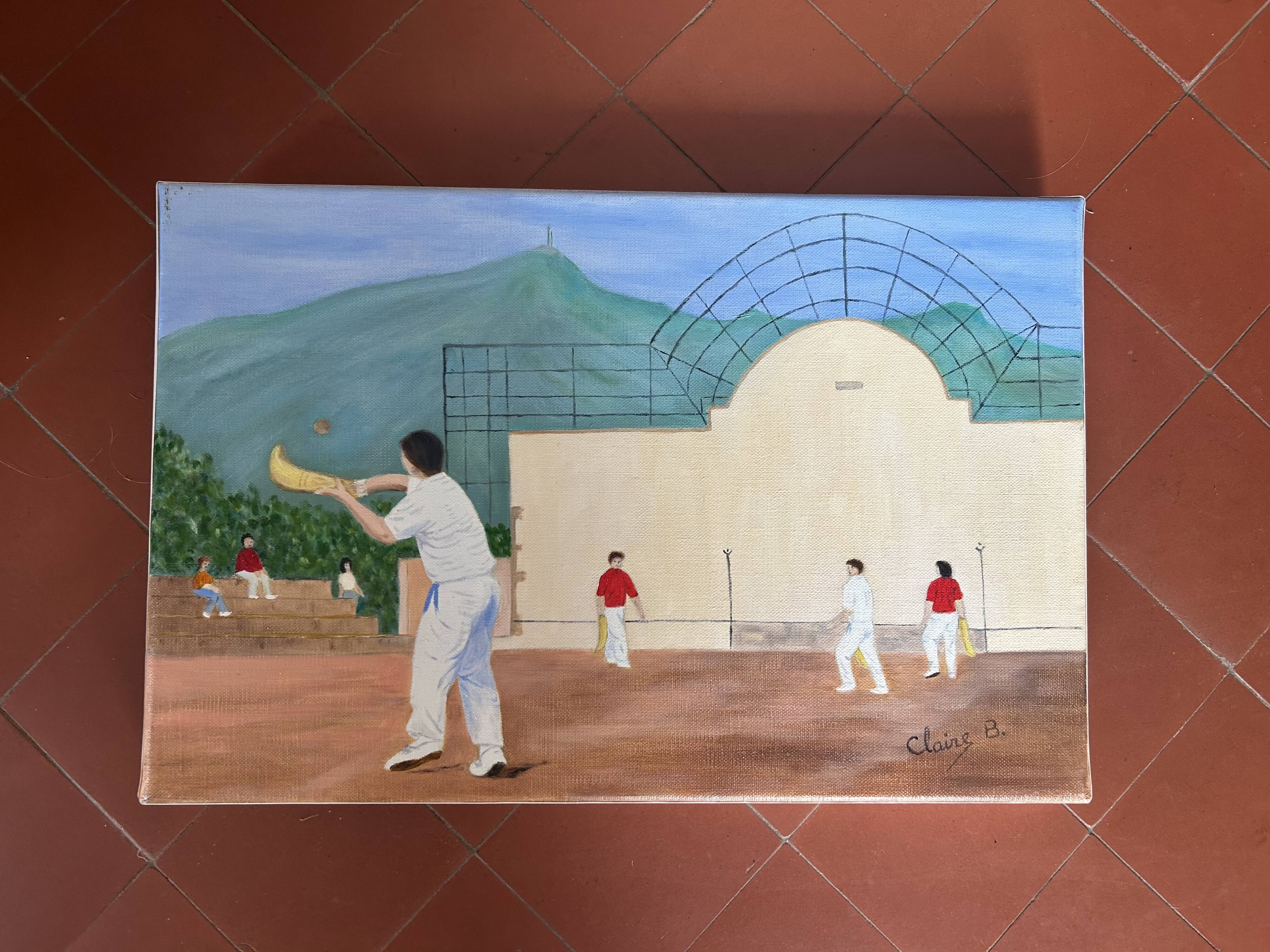 Peinture originale scène pelote basque – tableau naïf du Pays basque