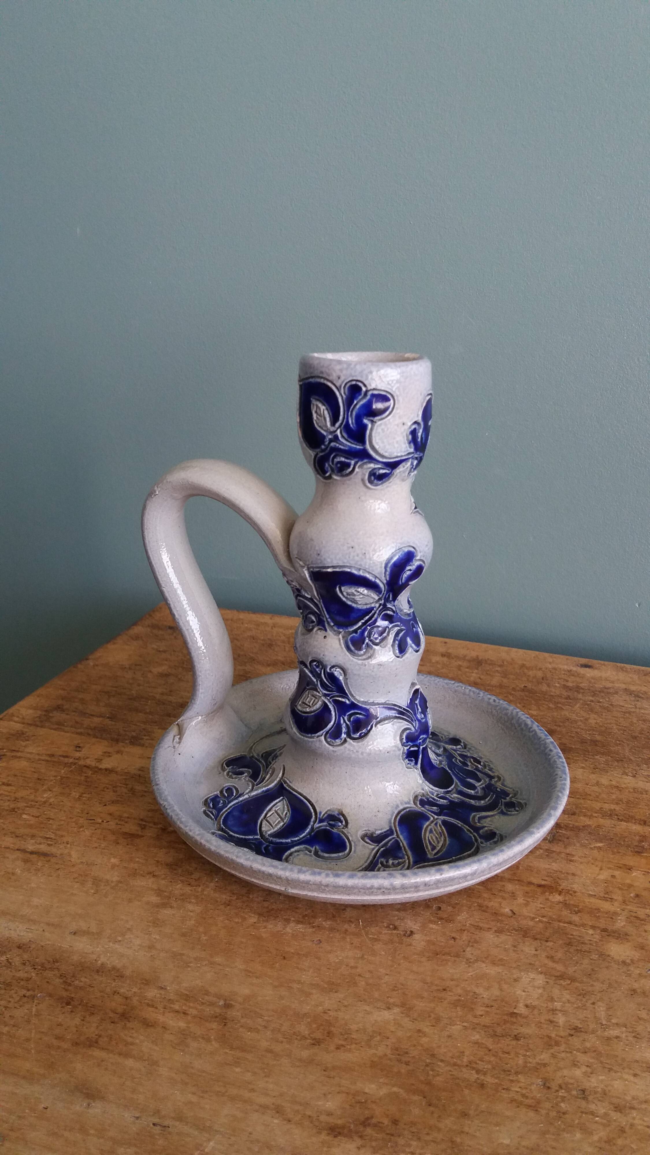 Salt-glazed stoneware candlestick signed Krumeich Hubert, Betschdorf, Alsace