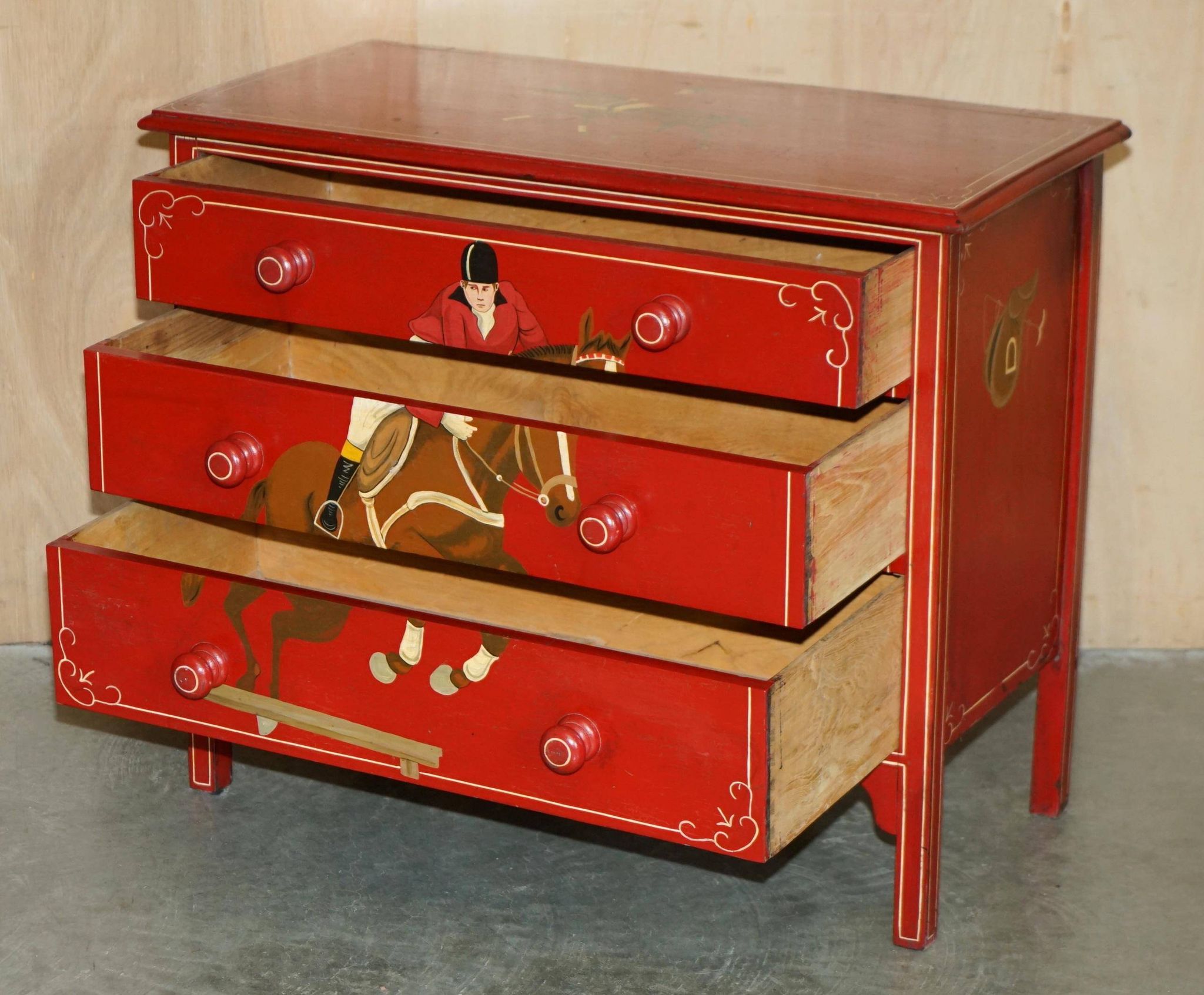 Hand-painted Victorian pine commode featuring a horse and jockey.