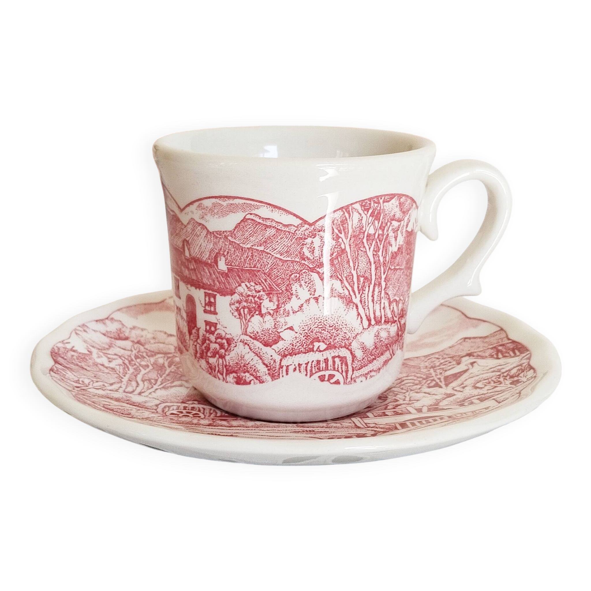 Vintage red earthenware coffee set, Swiss Landscape, Italy