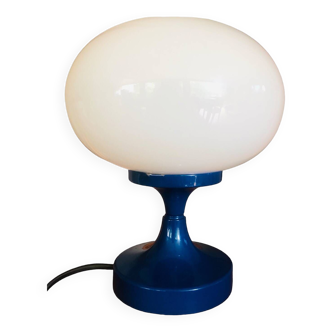 Flattened globe table lamp with blue metal base, vintage 80'