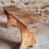 Antique pine bench – France, 1920s – Rustic wooden seat with bell