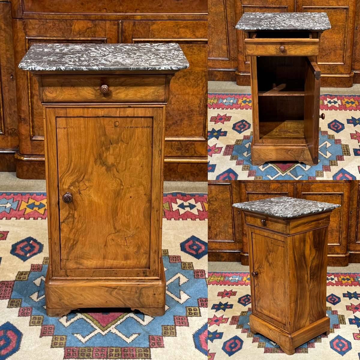 19th-century bedside table in walnut, oak, and marble top.